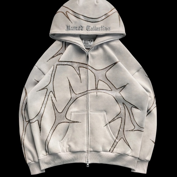 THORN RHINESTONE SWEATPANTS & ZIP HOODIE BONE SET - Picture 2 of 9